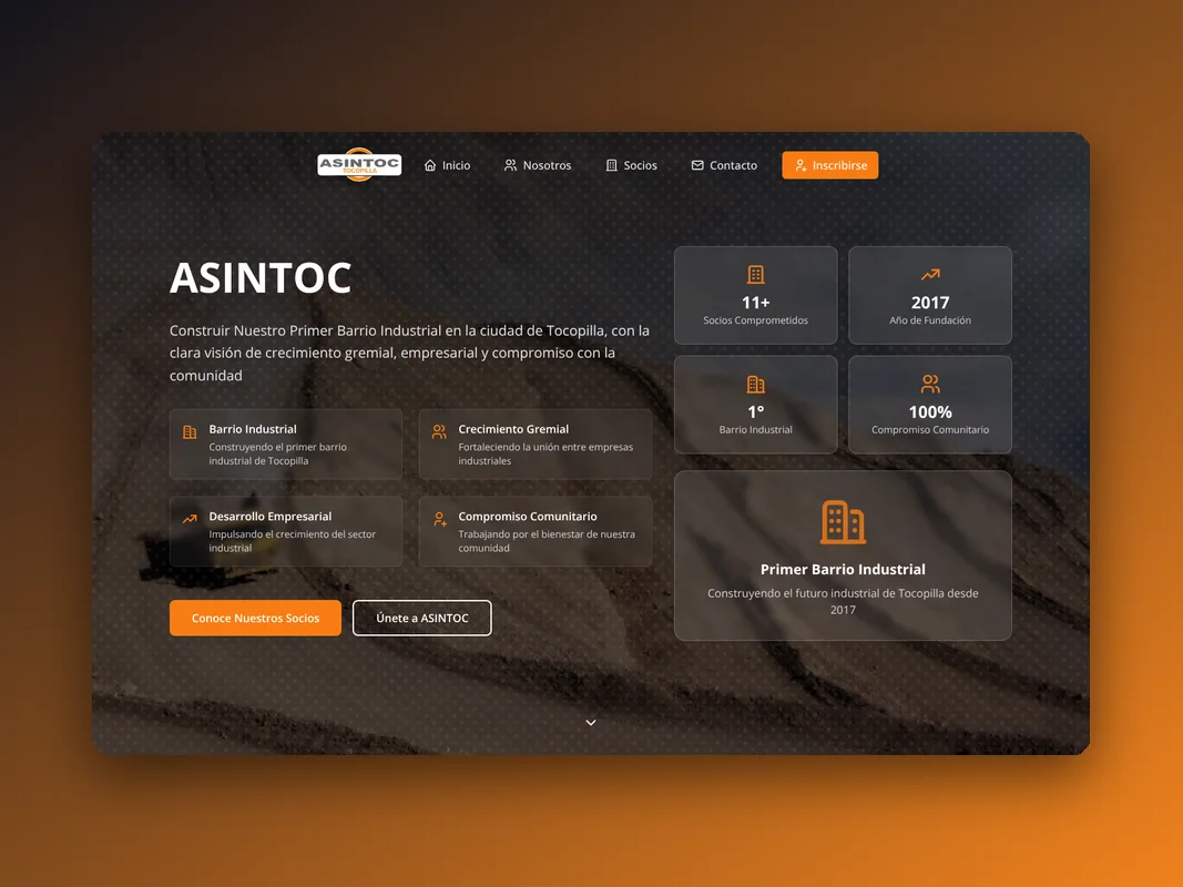 Portada del sitio de ASINTOC con indicadores gremiales