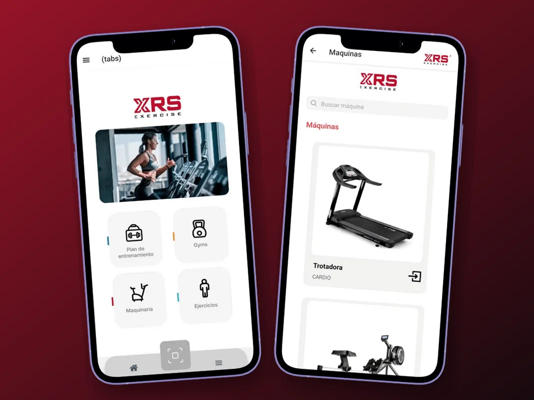 Pantalla de inicio y catálogo de máquinas de la app XRS Gym